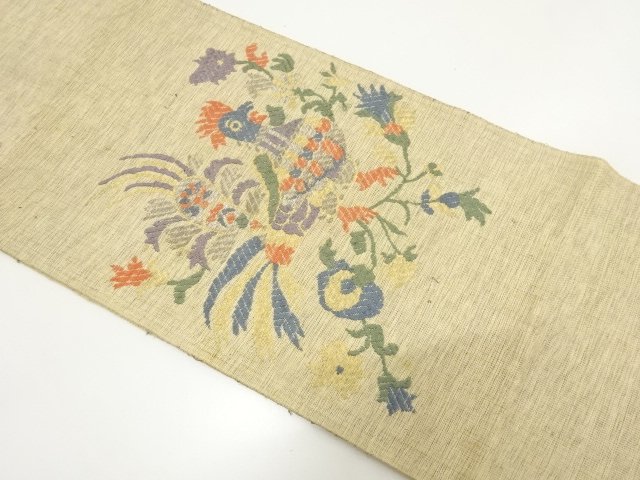 アンティーク　手織り紬　花鳥更紗模様織り出し名古屋帯