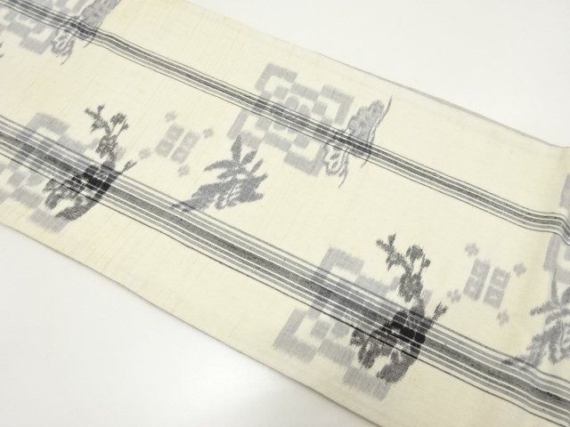 アンティーク　手織り真綿紬　松竹梅絣柄織り出し全通袋帯（材料）