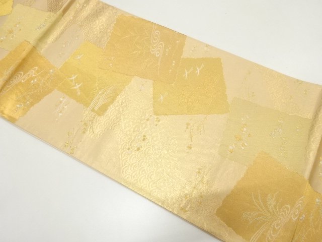 アンティーク　色紙に尾長鳥・草花模様織り出し袋帯（材料）