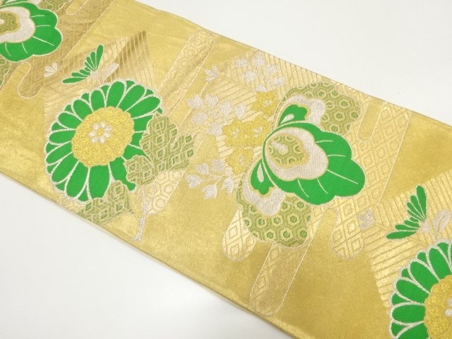 アンティーク　桐に菊・若松模様織り出し袋帯（着用可）