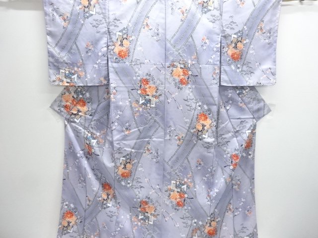 未使用品　御所車に草花模様小紋着物