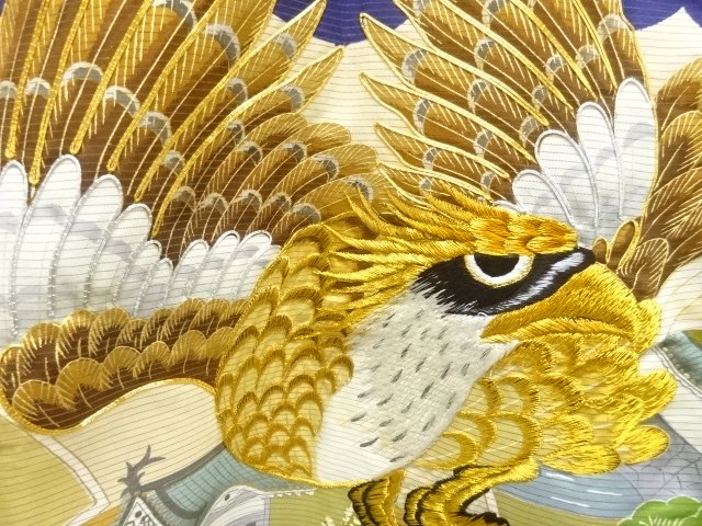 アンティーク　絽鷹模様刺繍紋付男児着物(内袖・長襦袢付き)