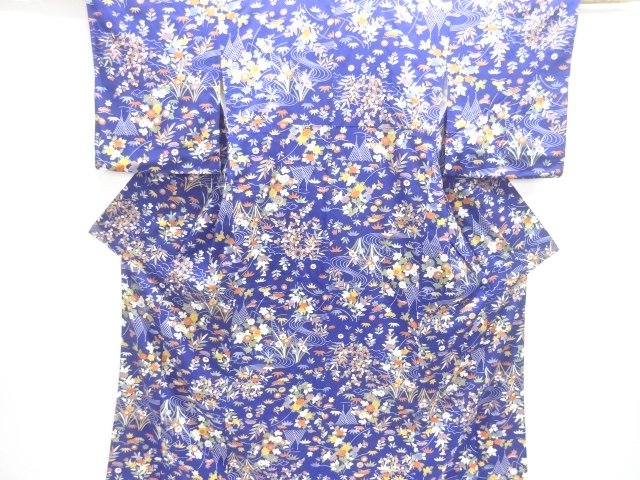 流水に草花模様小紋着物