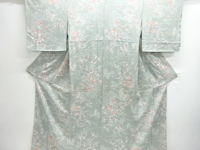 未使用品　流水に家屋・草花模様小紋着物