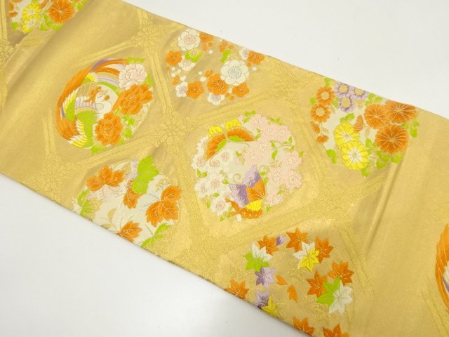アンティーク　格天井に鳳凰・草花模様織り出し袋帯（材料）