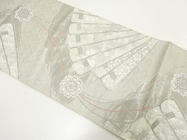 JAPANESE KIMONO / ANTIQUE FUKURO OBI / PLATINUM​ FOIL / WOVEN FLOWER & BIRD