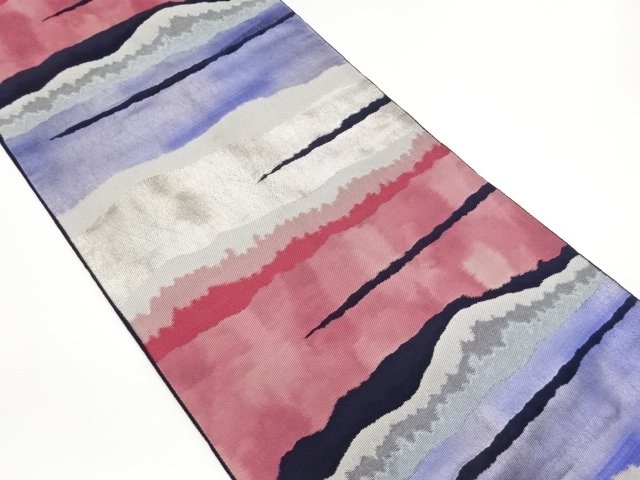 JAPANESE KIMONO / FUKURO OBI / KOHAKU NISHIKI / WOVEN ABSTRACT STRIPE / BY HATTORI ORIMONO