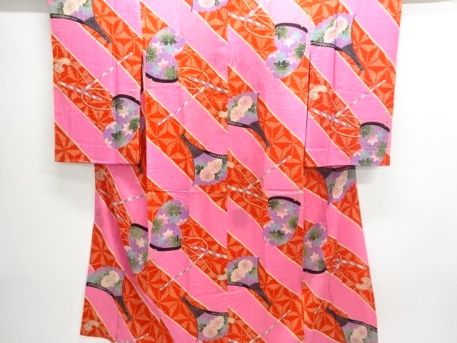 アンティーク　錦紗　烏帽子に扇模様長襦袢（刺繍衿付き）