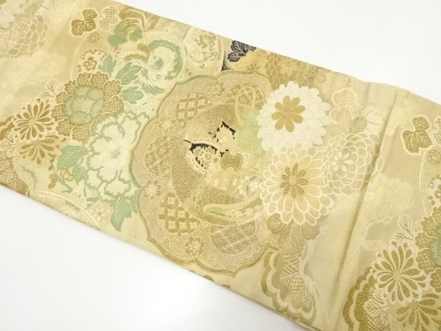 アンティーク　鏡裏に鳳凰・菊・牡丹模様織り出し袋帯（材料）