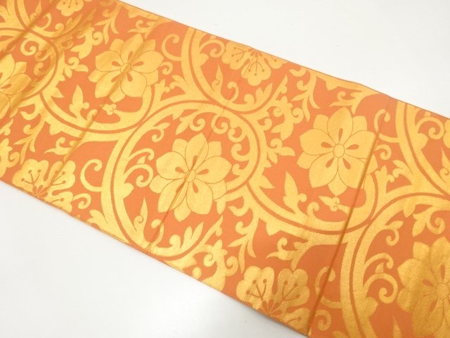 JAPANESE KIMONO / FLORAL ARABESQUE PATTERN WOVEN FUKURO OBI (FULL-LENG