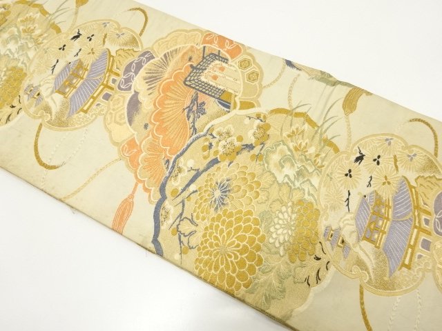 アンティーク　絵皿に唐風景・草花模様織り出し丸帯（材料）