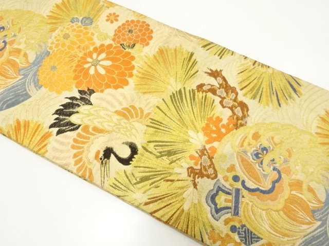アンティーク　鶴に菊・松・宝尽くし模様織り出し丸帯（材料）