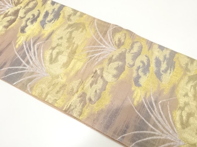 JAPANESE KIMONO / ANTIQUE FUKURO OBI / SILK / WOVEN PLANTS & CLOUD