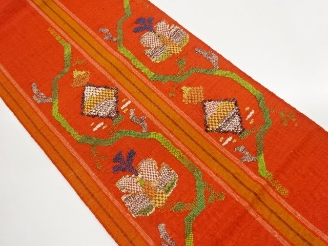 JAPANESE KIMONO / NAGOYA OBI / TSUMUGI / WOVEN ABSTRACT FLOWER 
