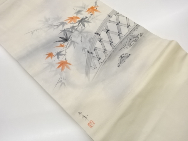 作家物　手描き光悦垣に紅葉模様名古屋帯
