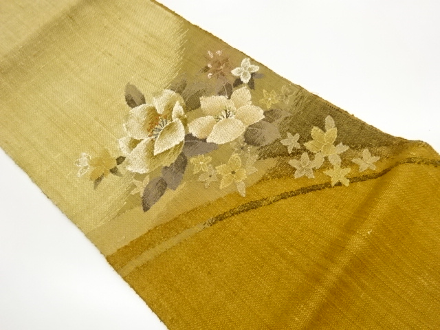 手織り真綿紬花々模様織出し名古屋帯