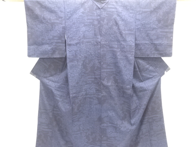 JAPANESE KIMONO / SILK / YUKI TSUMUGI / WOVEN BUCKET & FLORAL PLANTS