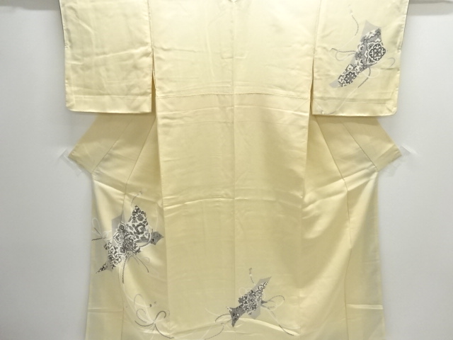 JAPANESE KIMONO / UNUSED HOMONGI / SILK / FLORAL CREST & KUMIHIMO CORD