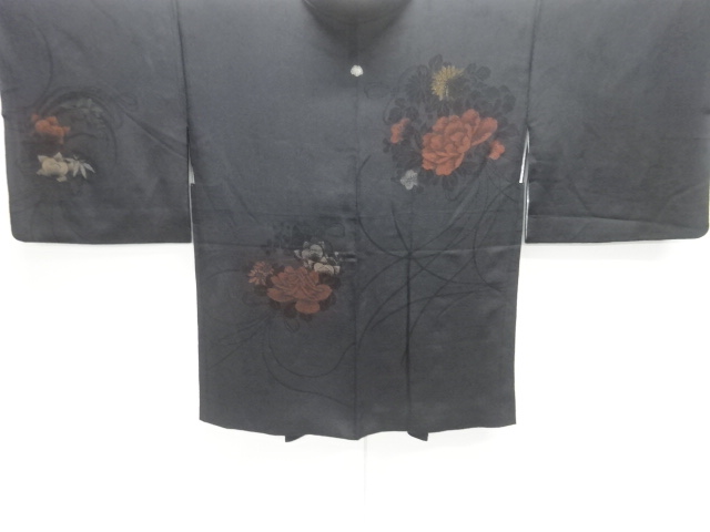 JAPANESE ANTIQUE HAORI / TAISHO ROMAN STYLE / SILK / URUSHI / WOVEN PEONY & KIKU
