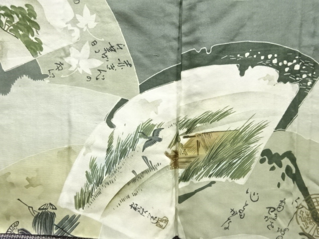 JAPANESE KIMONO / ANTIQUE MENS HAORI / SILK / DORO OSHIMA TSUMUGI / JIGAMI & SCENERY & BIRDS (lining)
