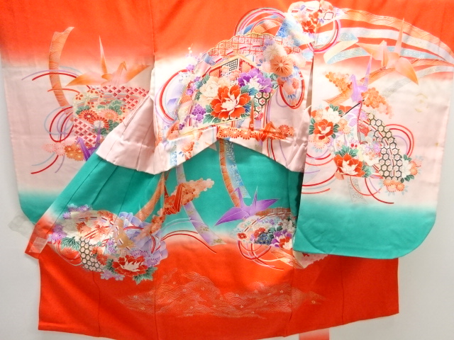 JAPANESE KIMONO / ANTIQUE KIMONO / SILK / EMBROIDERY / FOLDING FAN & ORIGAMI CRANES