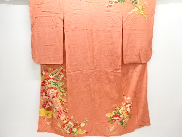 JAPANESE KIMONO / ANTIQUE KIMONO / SILK / EMBROIDERY / MON KINSHA / FOLDING FAN & BOOKS & FLOWERS
