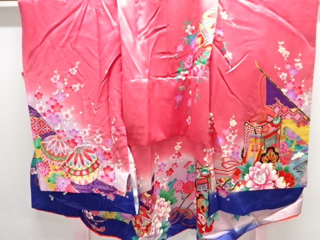 JAPANESE KIMONO / KIMONO FOR KIDS / SILK / EMBROIDERY / CARRIAGE & PEONY & UME