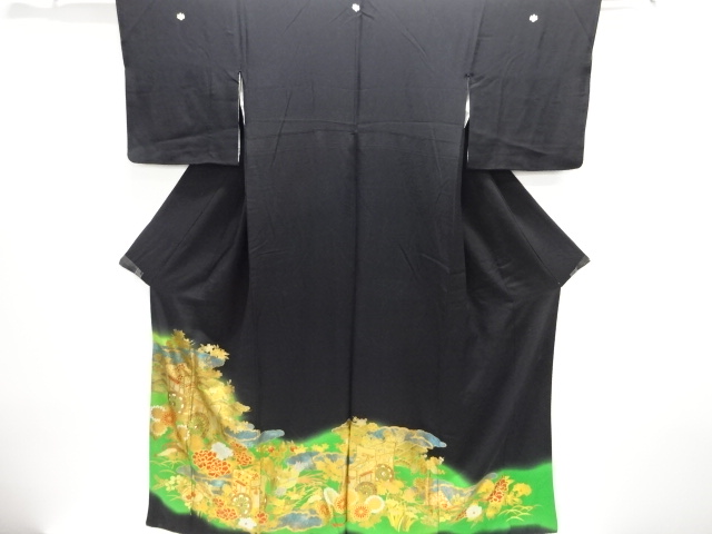 JAPANESE KIMONO / TOMESODE / SILK / CARRIAGE & FLOWERS & BIRDS
