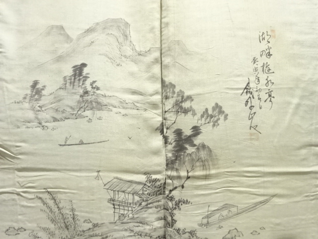 アンティーク　風景模様肩裏手織り紬男物羽織