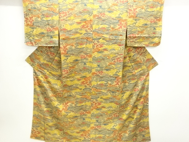未使用品　仕立て上がり　型染　屋敷風景模様小紋着物