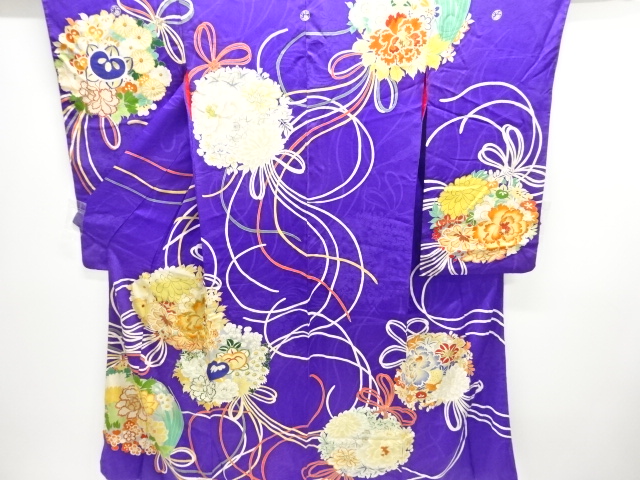 JAPANESE KIMONO / ANTIQUE KIMONO / SILK / MON KINSHA / EMBROIDERY / FLOWER KUSUDAMA PATTERN