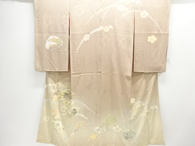JAPANESE KIMONO / ANTIQUE KIMONO / SILK / MON KINSHA / EMBROIDERY / SAKURA