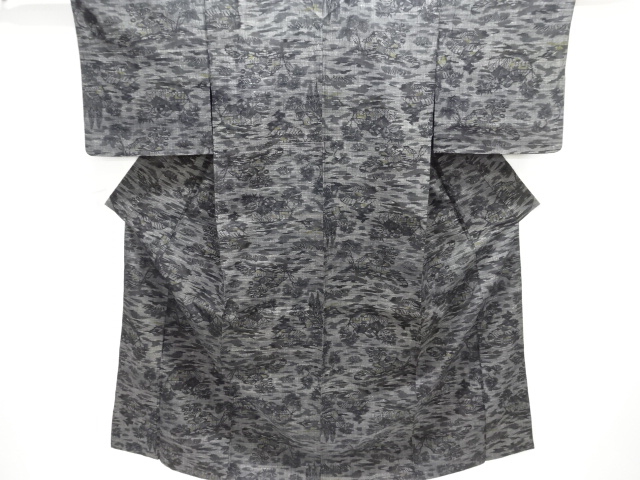 アンティーク　家屋模様織出し手織り真綿小千谷紬単衣着物