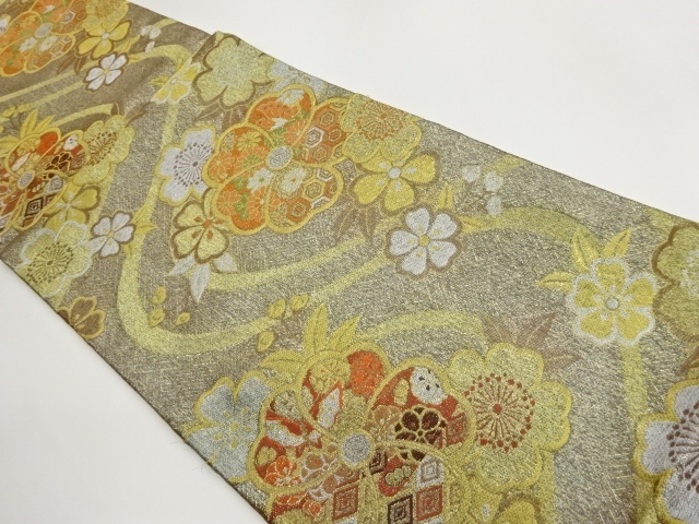 曲線に桜・菊・亀甲模様織出し袋帯