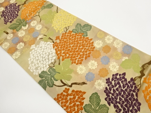 柏葉紫陽花模様織出し袋帯