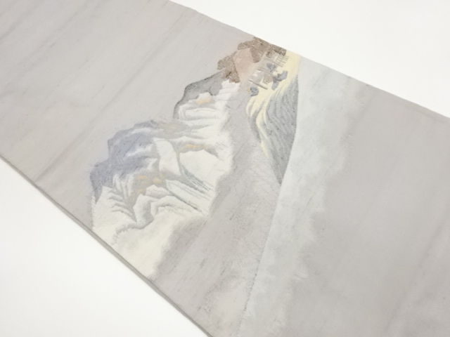 手織り紬遠山に家屋・人物模様織出し袋帯