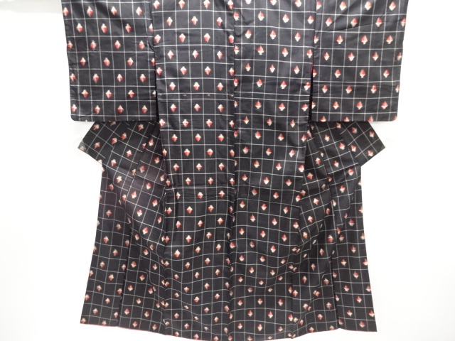 JAPANESE KIMONO / ANTIQUE KIMONO / TAISHO ROMAN STYLE / MEISEN / SILK / WOVEN GRID & ABSTRACT PATTERN