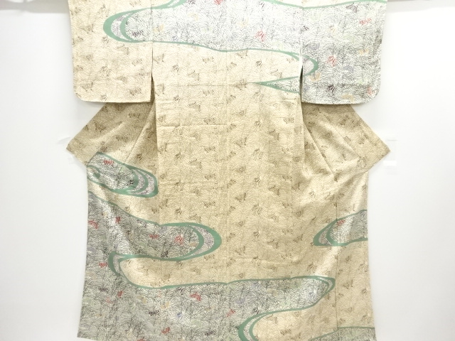 JAPANESE KIMONO / ANTIQUE KIMONO / TAISHO ROMAN STYLE / SILK / KATAZOME / LEAVES & BUTTERFLY