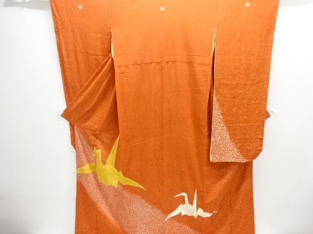 大正ロマン　錦紗折鶴模様三つ紋舞妓衣装引きずり(比翼付き)