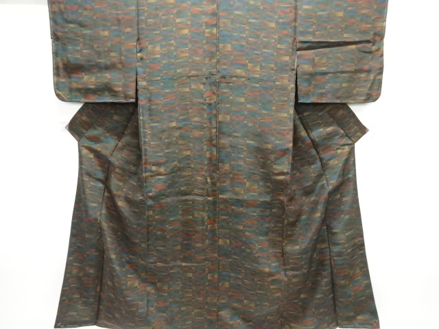 JAPANESE KIMONO / ANTIQUE KIMONO / SILK / DORO OSHIMA TSUMUGI / DYED / WOVEN ABSTRACT GRID