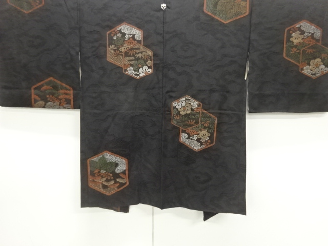 JAPANESE KIMONO / ANTIQUE HAORI COAT / TAISHO ROMAN / URUSHI / WOVEN KIKKO / ONE CREST 