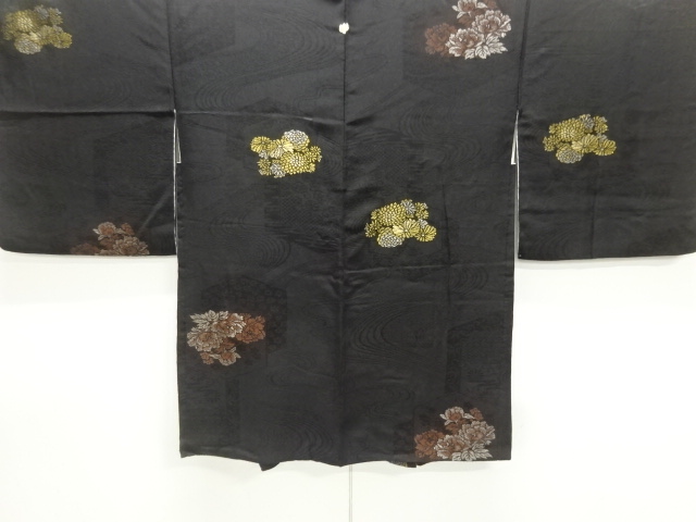 JAPANESE KIMONO / ANTIQUE HAORI COAT / URUSHI / MON KINSHA / PEONY 