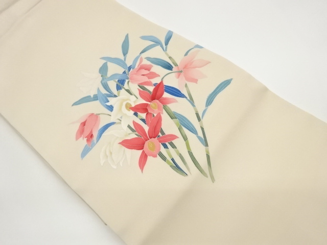 作家物　塩瀬手描き花葉模様名古屋帯