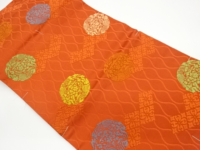 未使用品　立涌に丸文・花鳥・花菱模様織出し名古屋帯
