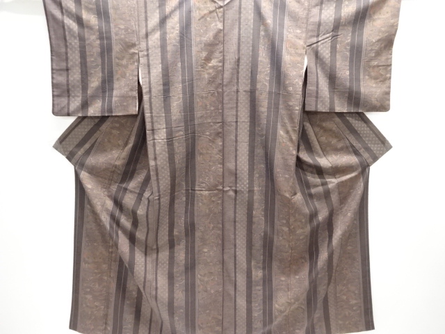 縞に家屋草花模様手織り紬着物