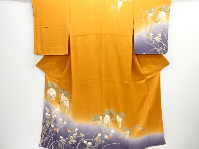 縮緬地蝶に藤模様刺繍訪問着
