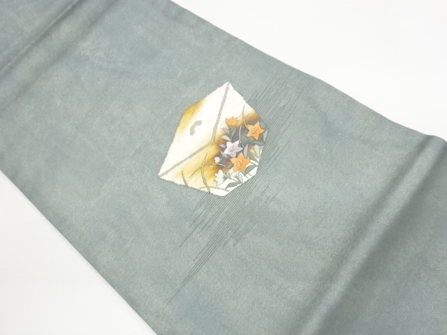 紗 引箔箱に桔梗模様刺繍開き名古屋帯（額縁仕立て）