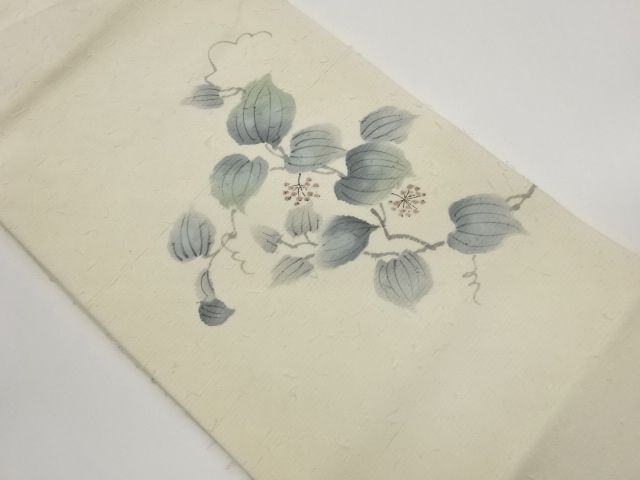 ひげ紬手描き葉に実模様名古屋帯
