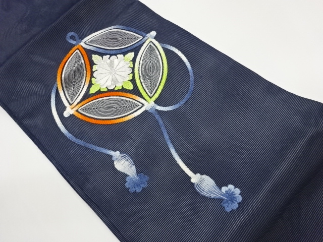 SALE!! 絽銀駒刺繍七宝花菱に組紐模様名古屋帯