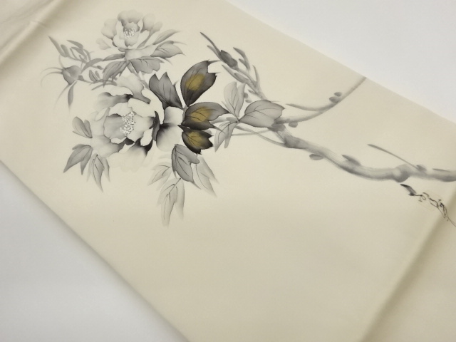 作家物　塩瀬金彩手描き牡丹模様名古屋帯